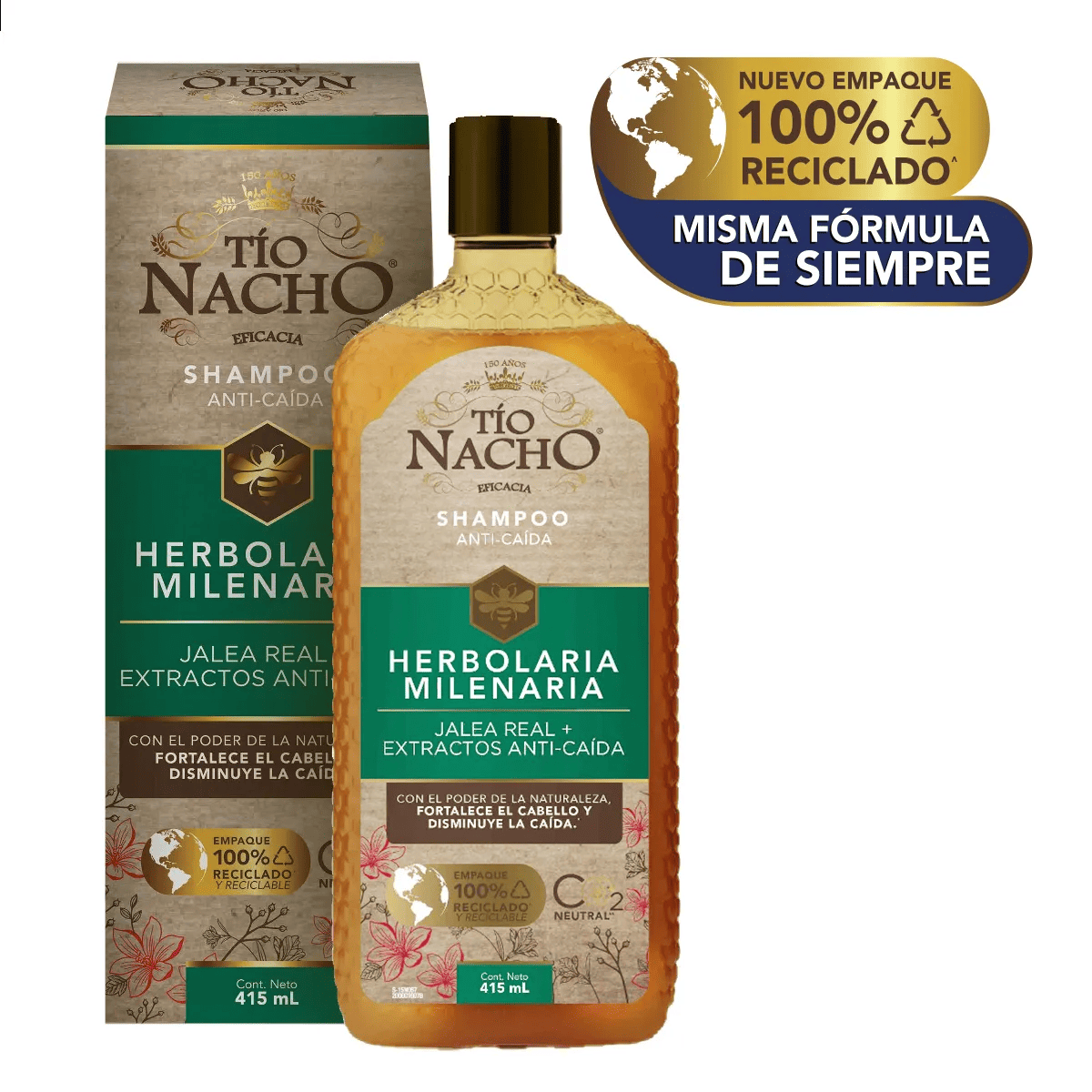 TIO NACHO SHAMPOO HERBOLARIA MILENARIA  (JALEA REAL + EXTRACTOS ANTI-CAIDA) X 415ML - GENOMMA