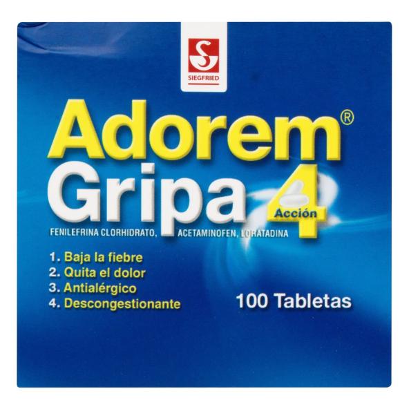 ADOREM GRIPA CAJA X 100 TABLETAS (FENILEFRINA+ACETAMINOFEN+LORATADINA)