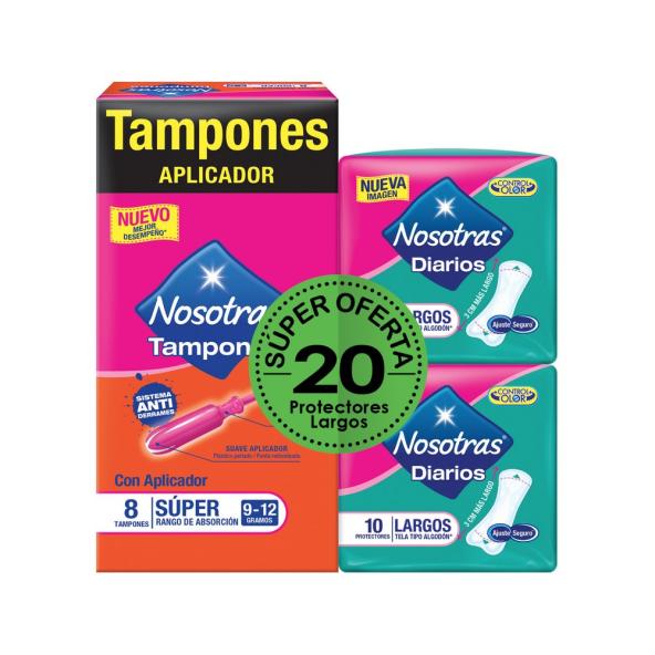 NOSOTRAS TAMPONES REGULAR CON APLICADOR CAJA X 8 UNIDADES + 2 NOSOTRAS PROTECTORES DIARIOS LARGOS X 10 UNIDADES