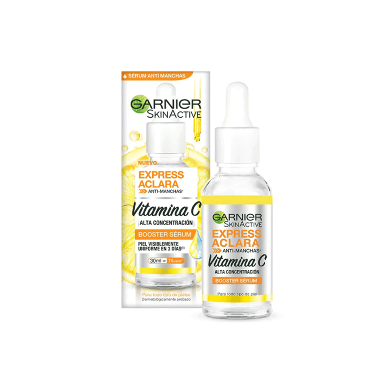 GARNIER BOOSTER SÉRUM VITAMINA C ANTI MANCHAS PIEL VISIBLEMENTE UNIFORME EN 3 DÍAS  FRASCO X 30 ML