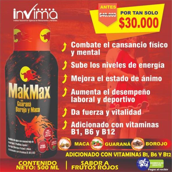 MAK-MAX  (GUARANA/BOROJO/MACA) SABOR FRUTOS ROJOS CON STEVIA FCO X 500 ML