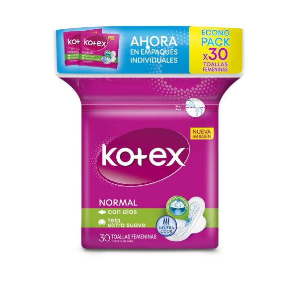 KOTEX TOALLAS NORMAL CON ALAS EXTRA SUAVE BOLSA X 30 UNIDADES