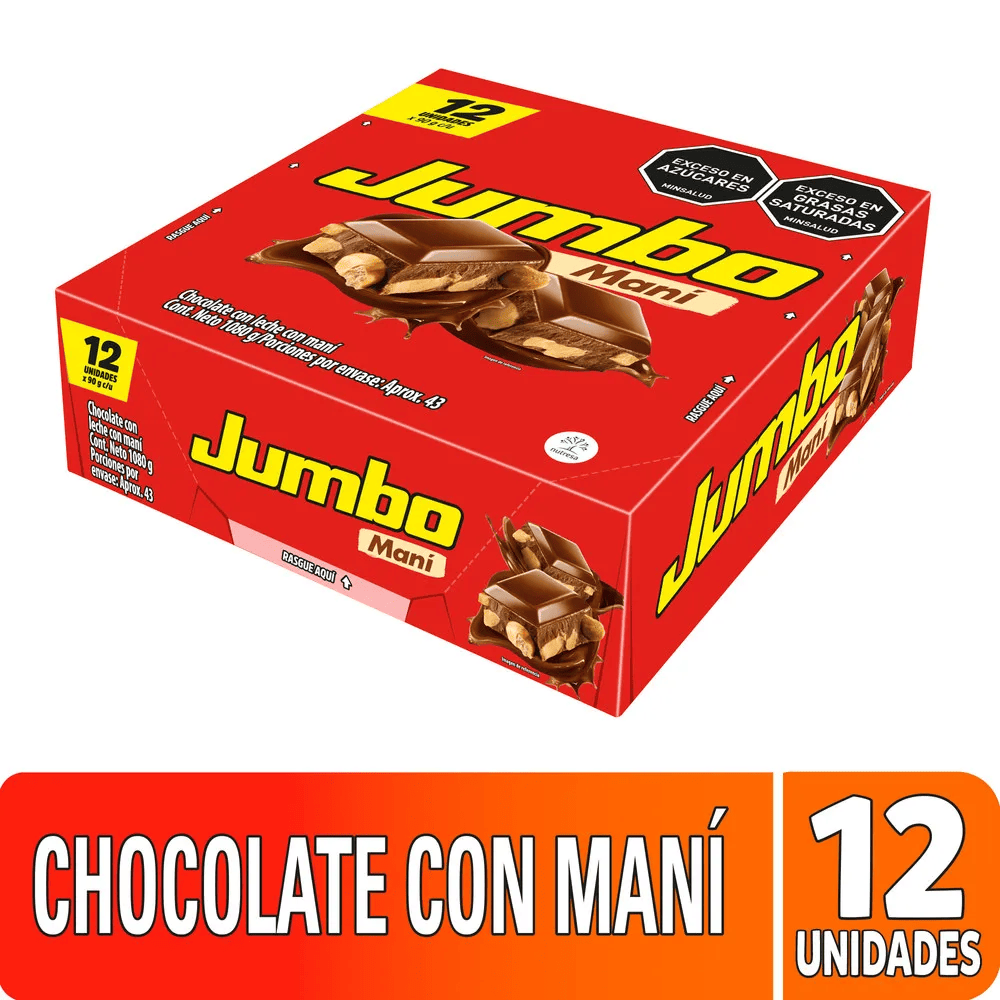 Chocolatina Jumbo Con Maní Caja x 12 Unidades  90gr