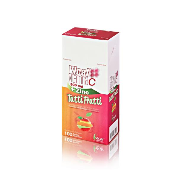 VICAL VITAMINA C 500 MG + ZINC SABOR TUTTI FRUTTI CAJA X 100 TABLETAS MASTICABLES